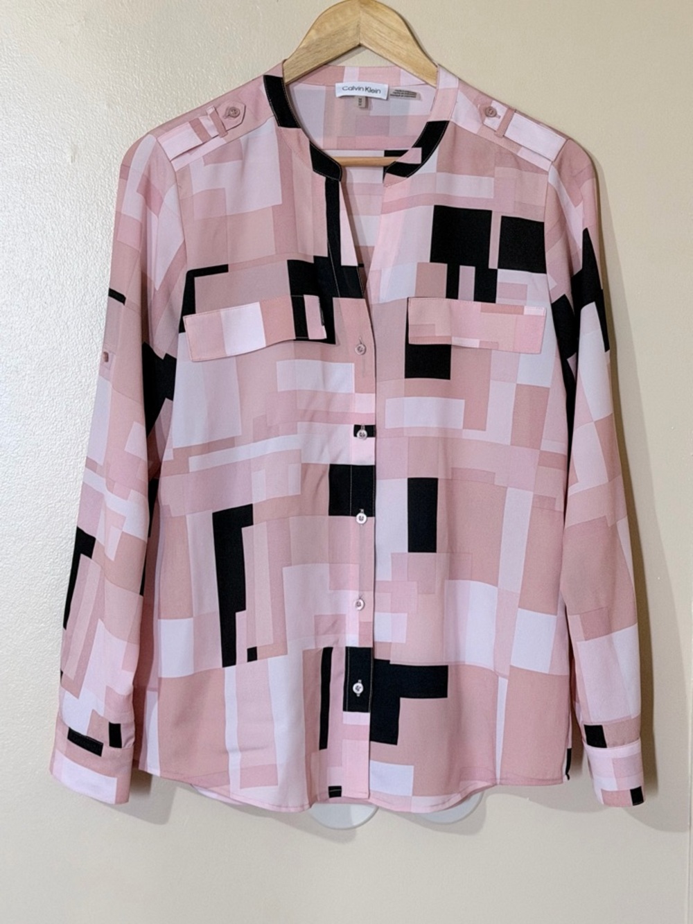 Calvin Klein Pink Block-Print Blouse with Black Accents - Picture 2 of 8